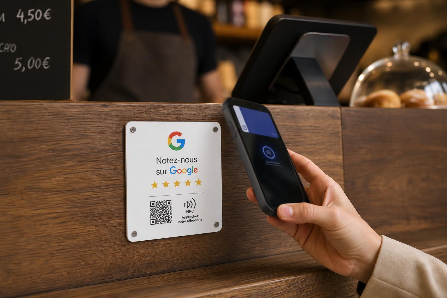 Plaque NFC + QR Google Avis posée sur un comptoir de café, un client tape son téléphone