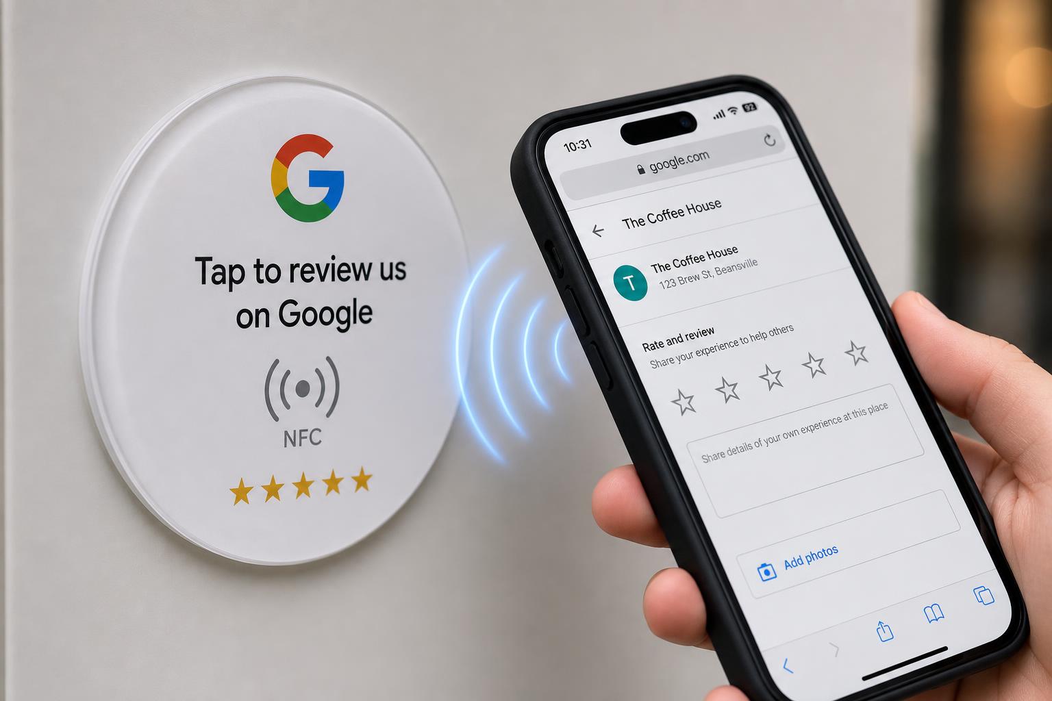Client tapant son téléphone sur une plaque NFC pour laisser un avis Google