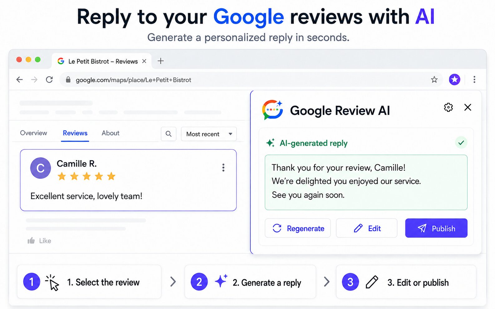 Google Review AI extension generating a personalized reply to a Google review
